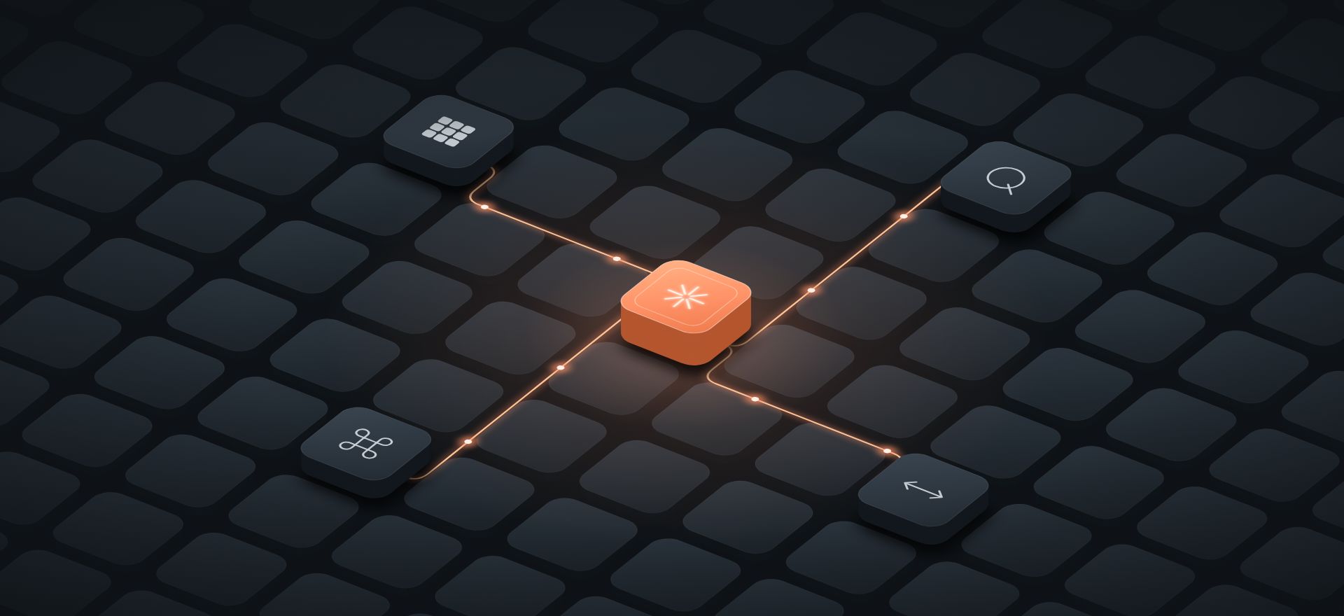 An orange AI hub connects business tools across a grid of dark tiles.